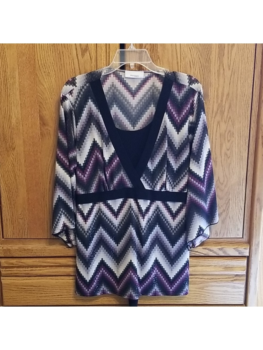 Dress Barn Women's Purple and Black Shimmery Blouse with 3/4 Flared Sleeves and
